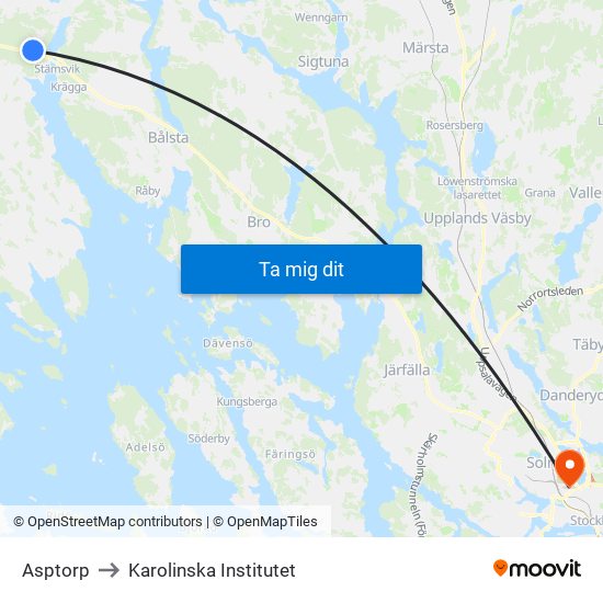 Asptorp to Karolinska Institutet map
