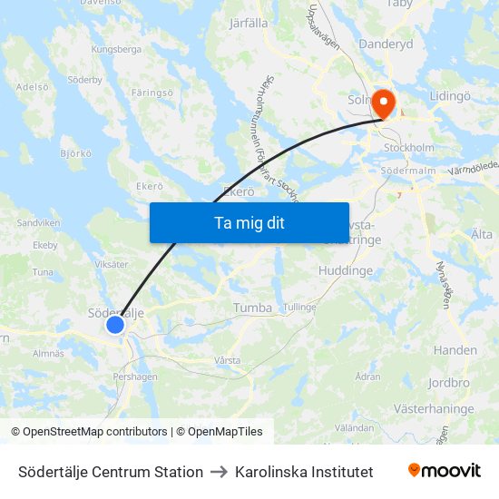 Södertälje Centrum Station to Karolinska Institutet map