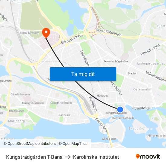 Kungsträdgården T-Bana to Karolinska Institutet map