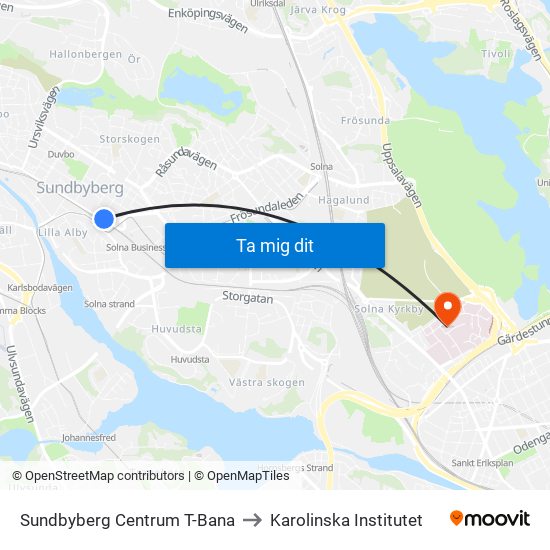 Sundbyberg Centrum T-Bana to Karolinska Institutet map