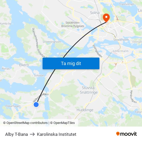 Alby T-Bana to Karolinska Institutet map