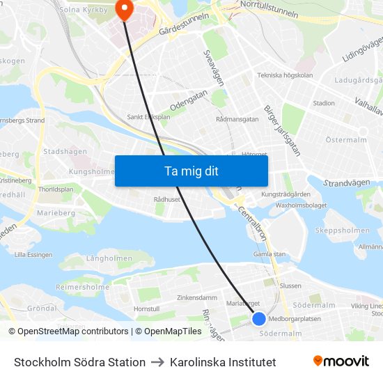 Stockholm Södra Station to Karolinska Institutet map