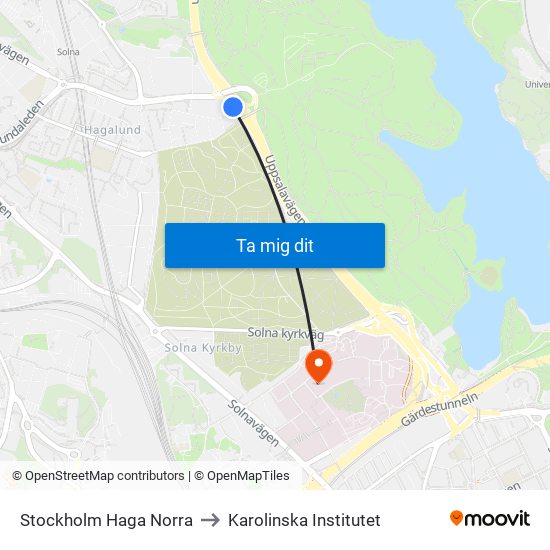 Stockholm Haga Norra to Karolinska Institutet map