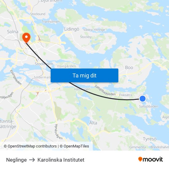 Neglinge to Karolinska Institutet map