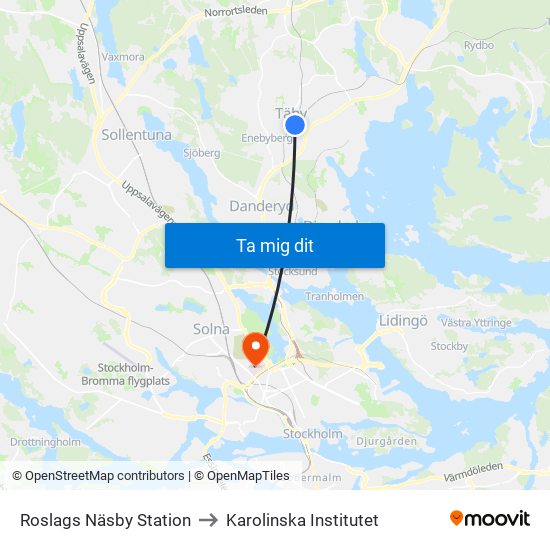 Roslags Näsby Station to Karolinska Institutet map