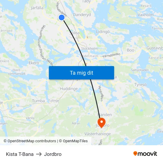 Kista T-Bana to Jordbro map