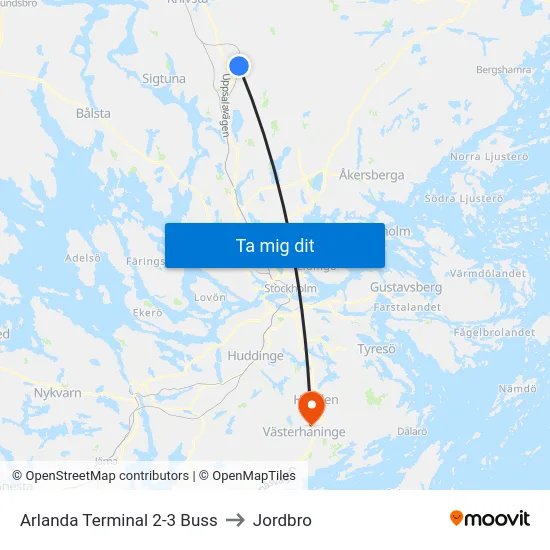 Arlanda Terminal 2-3 Buss to Jordbro map
