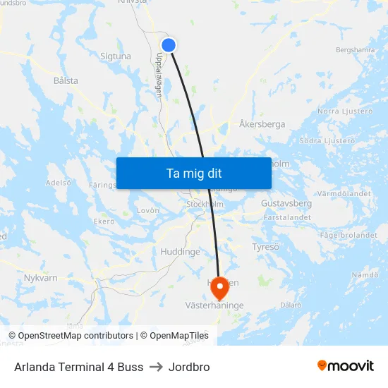 Arlanda Terminal 4 Buss to Jordbro map