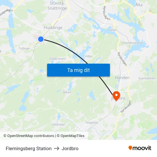 Flemingsberg Station to Jordbro map