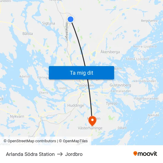 Arlanda Södra Station to Jordbro map