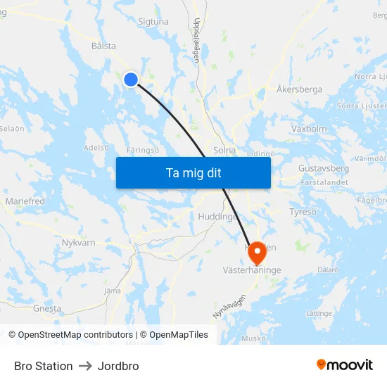Bro Station to Jordbro map