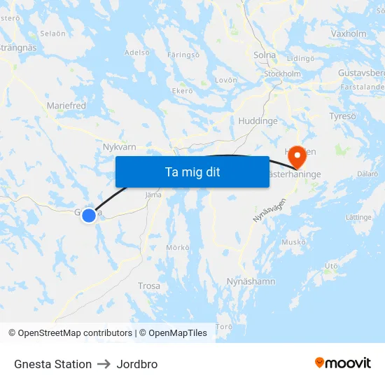 Gnesta Station to Jordbro map