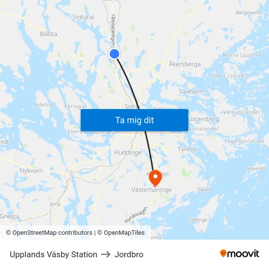 Upplands Väsby Station to Jordbro map