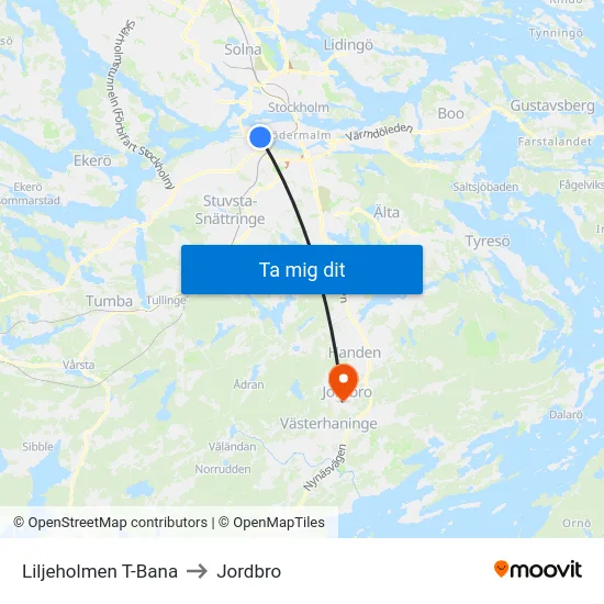 Liljeholmen T-Bana to Jordbro map