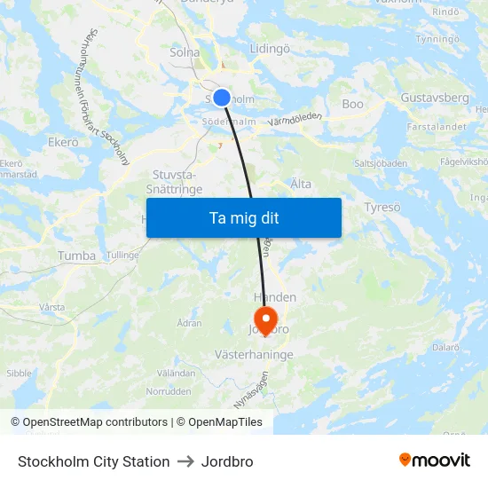 Stockholm City Station to Jordbro map