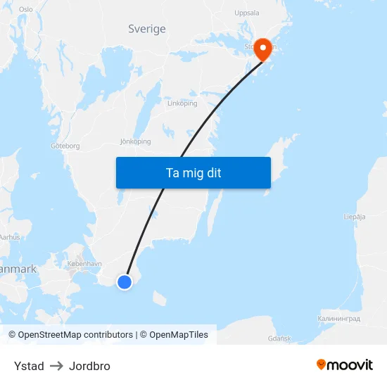 Ystad to Jordbro map