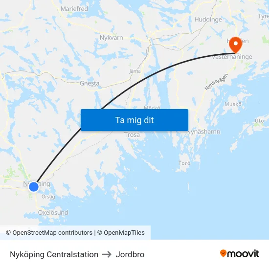 Nyköping Centralstation to Jordbro map