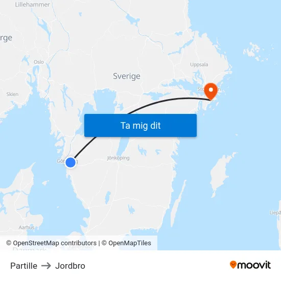 Partille to Jordbro map