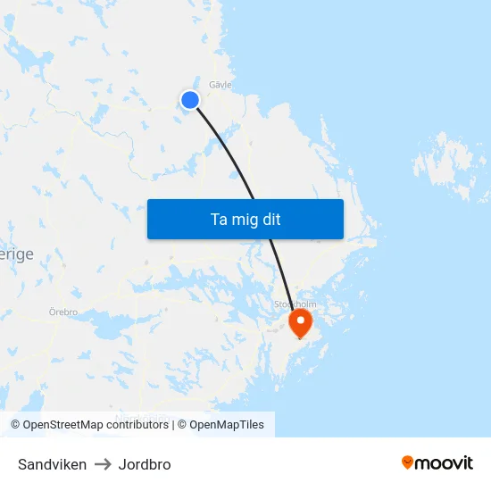 Sandviken to Jordbro map