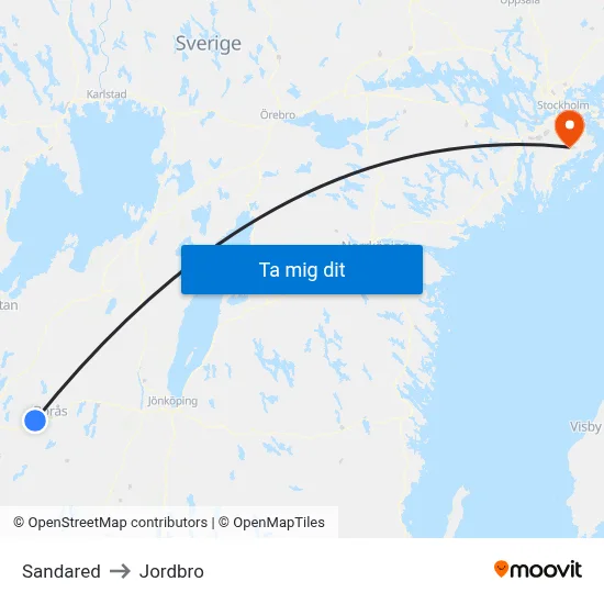 Sandared to Jordbro map