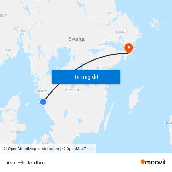 Åsa to Jordbro map