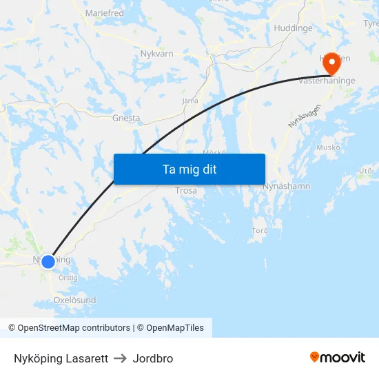 Nyköping Lasarett to Jordbro map