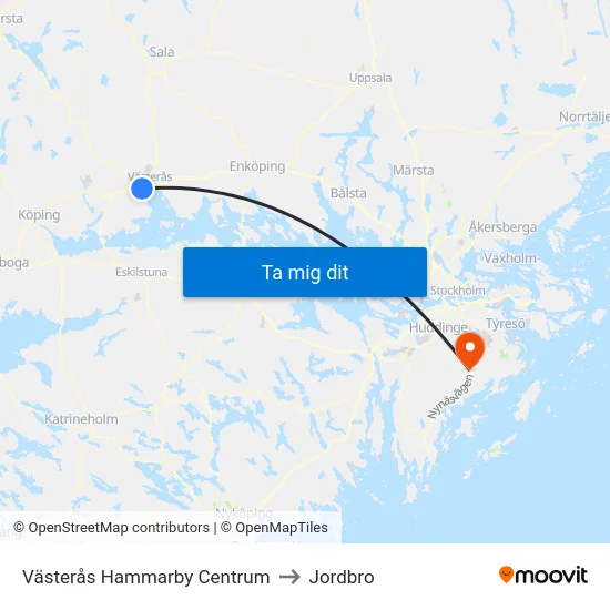 Västerås Hammarby Centrum to Jordbro map