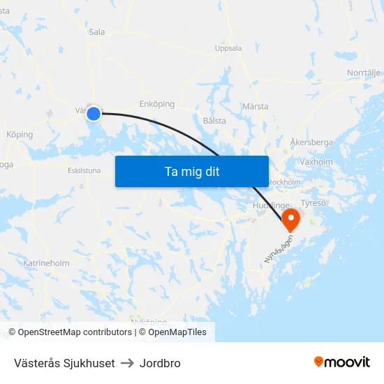 Västerås Sjukhuset to Jordbro map