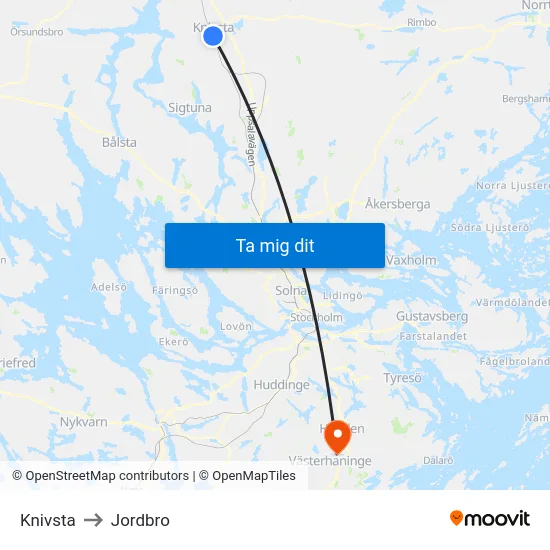 Knivsta to Jordbro map