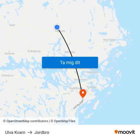 Ulva Kvarn to Jordbro map