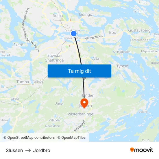 Slussen to Jordbro map
