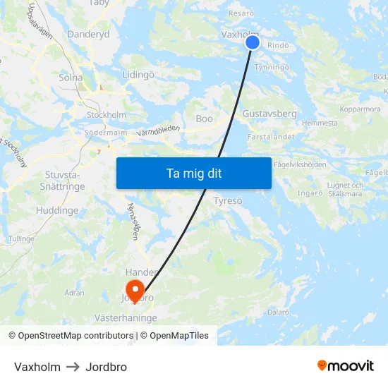 Vaxholm to Jordbro map