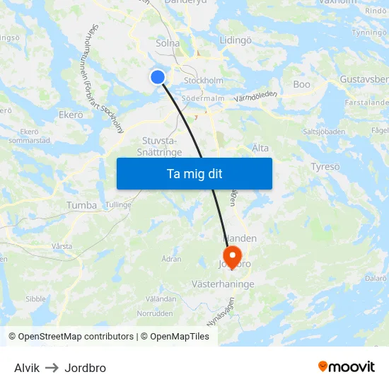Alvik to Jordbro map