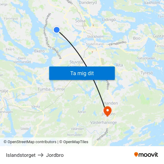 Islandstorget to Jordbro map