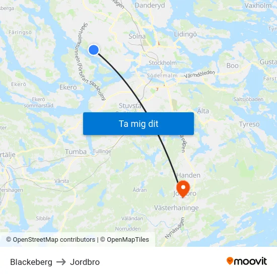 Blackeberg to Jordbro map