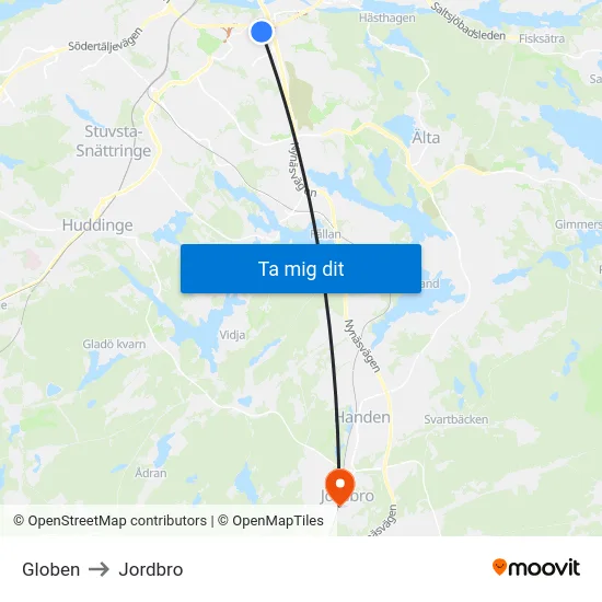 Globen to Jordbro map