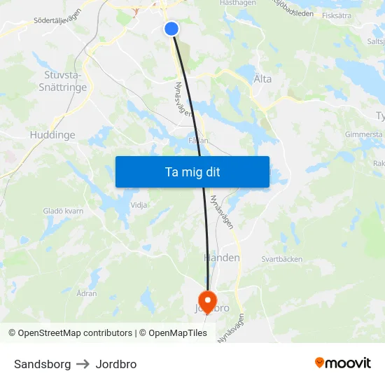 Sandsborg to Jordbro map