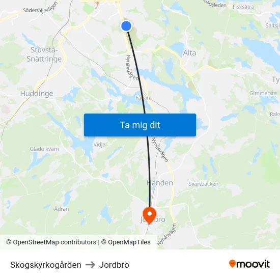 Skogskyrkogården to Jordbro map
