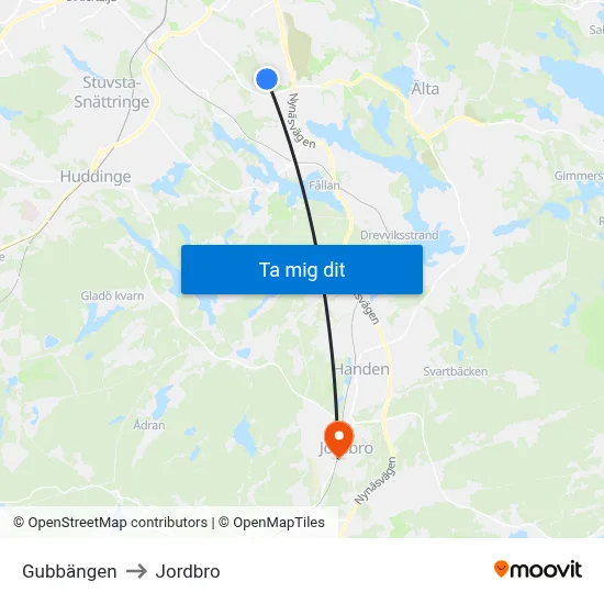 Gubbängen to Jordbro map