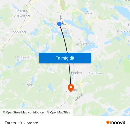 Farsta to Jordbro map