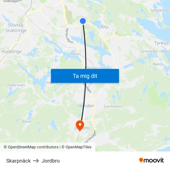 Skarpnäck to Jordbro map