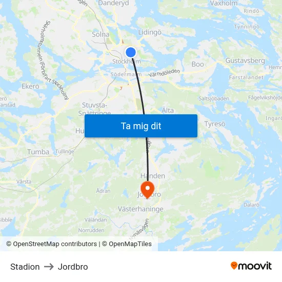 Stadion to Jordbro map