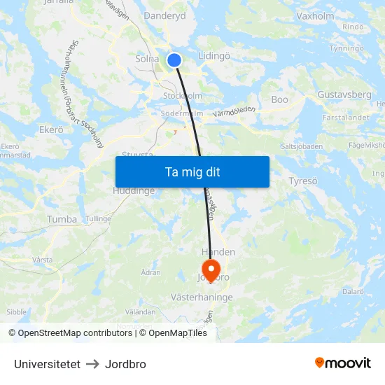 Universitetet to Jordbro map