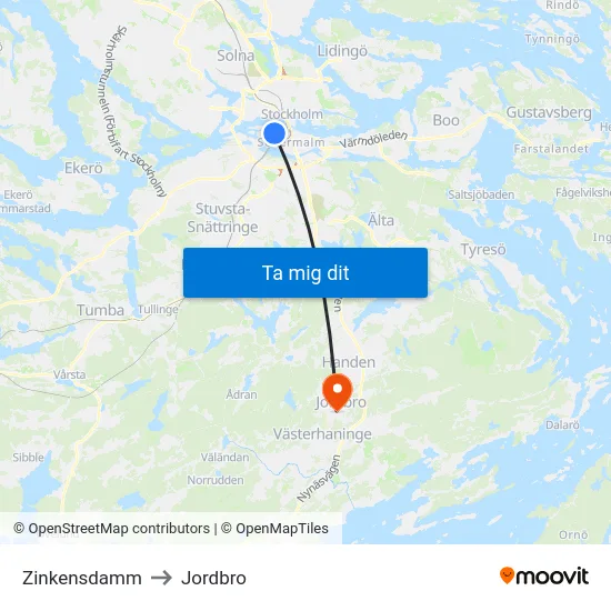 Zinkensdamm to Jordbro map