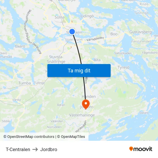 T-Centralen to Jordbro map