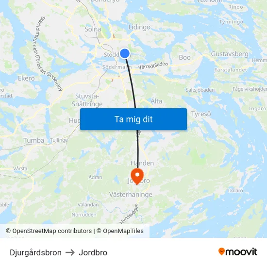 Djurgårdsbron to Jordbro map