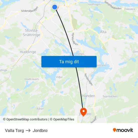 Valla Torg to Jordbro map