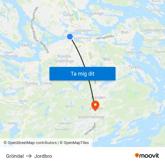 Gröndal to Jordbro map