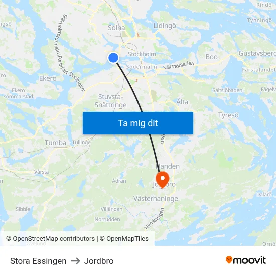 Stora Essingen to Jordbro map