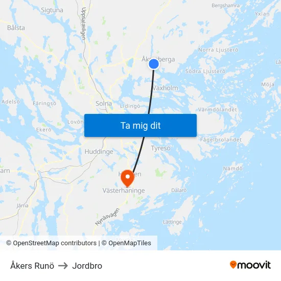 Åkers Runö to Jordbro map